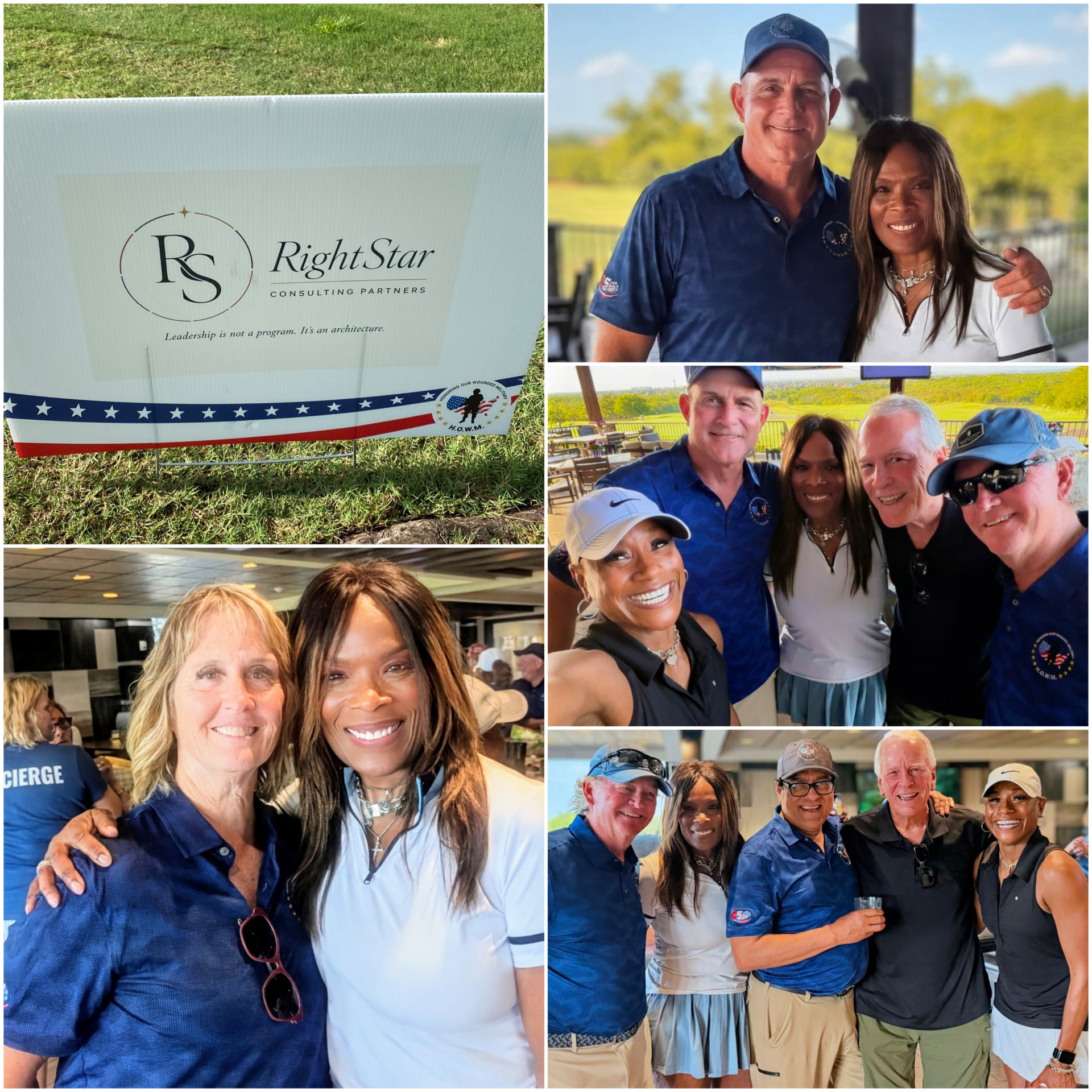 Jennifer Mahone-Rightler with supporters at the H.O.W.M. golf tournament, beside the RightStar Consulting Partners course sign.