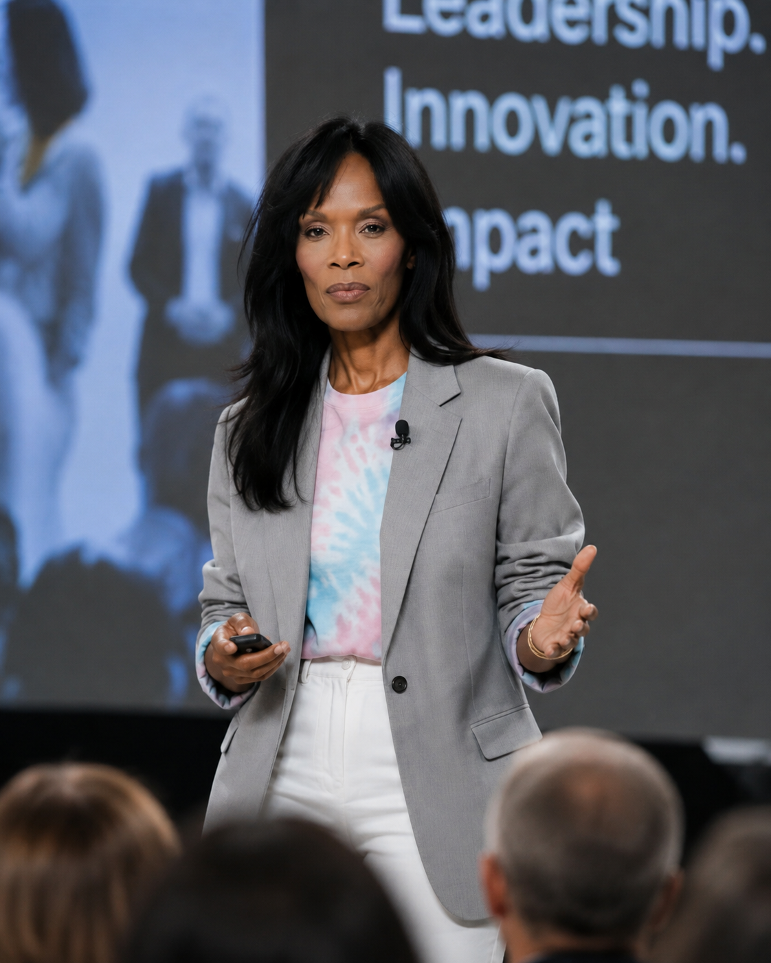Jennifer E. Mahone-Rightler speaking on stage in a gray blazer before a seated audience.