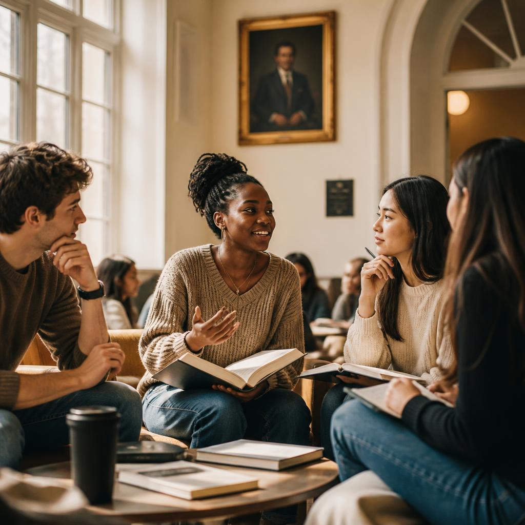 A diverse group of young college students seated together in discussion with books and notebooks.