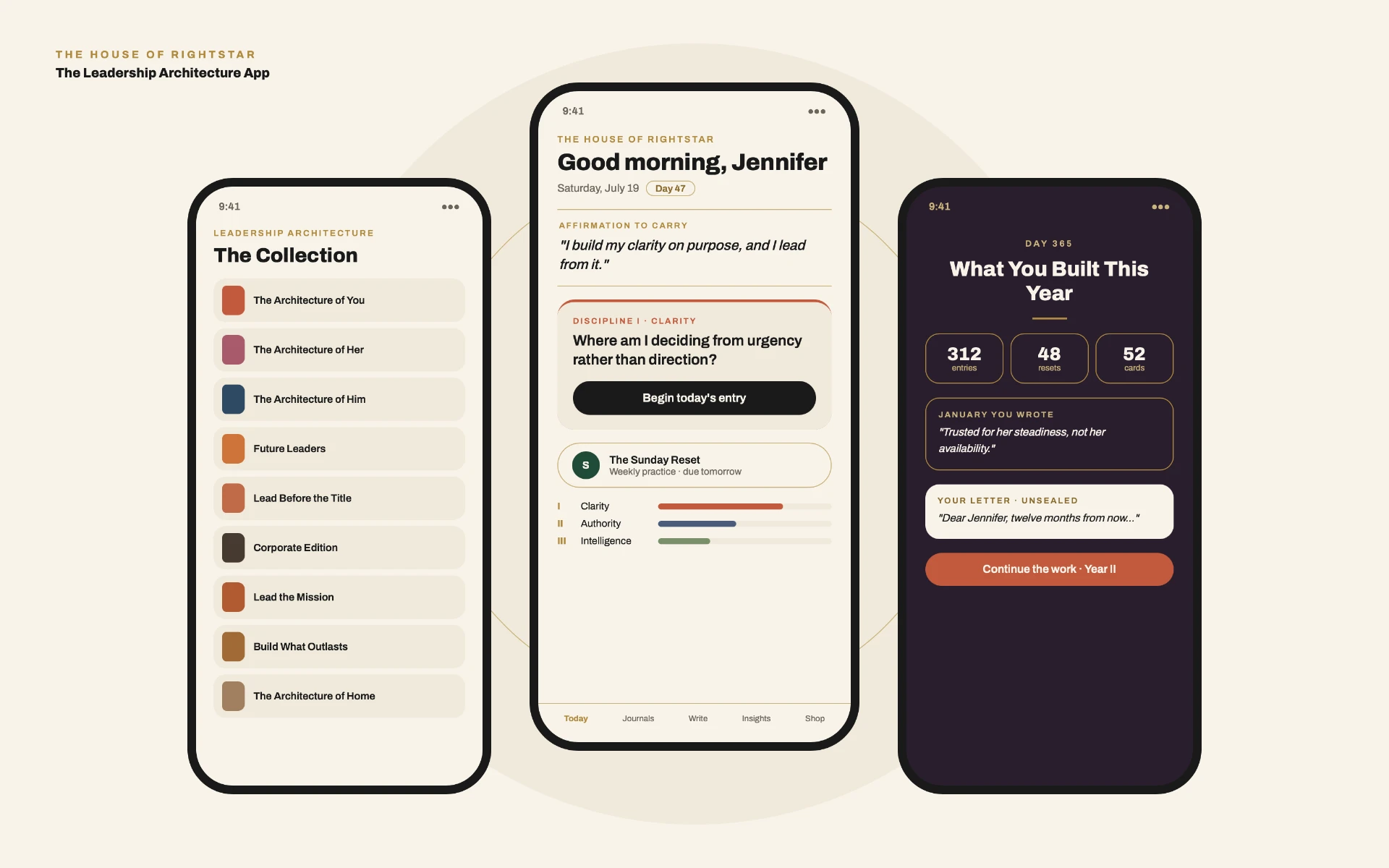 The journal app on three phones: the Collection screen, the daily Today screen and the year end screen